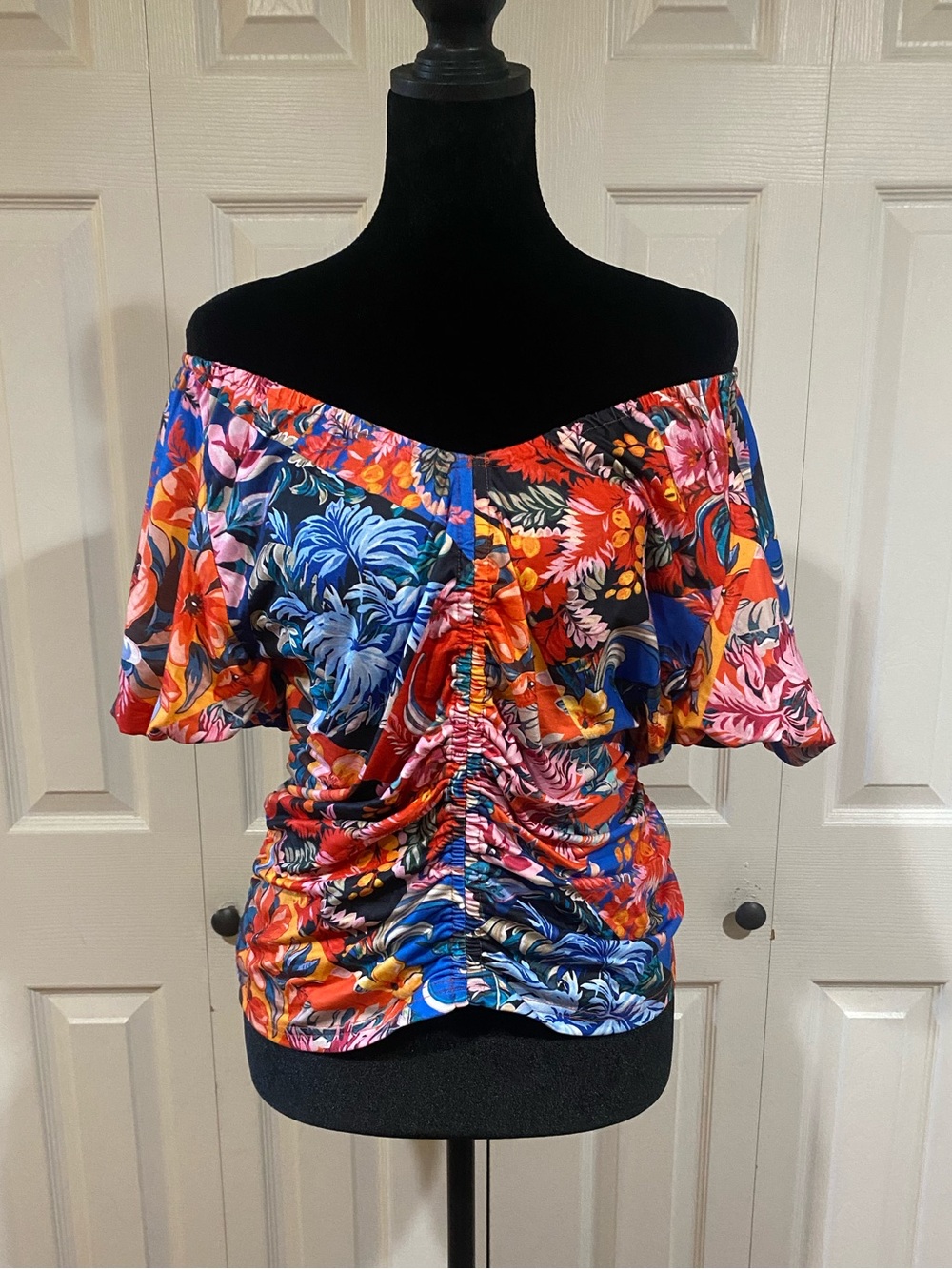 Vibrant Multicolored Ruched Printed V-Neck Floral Short Sleeve Blouse